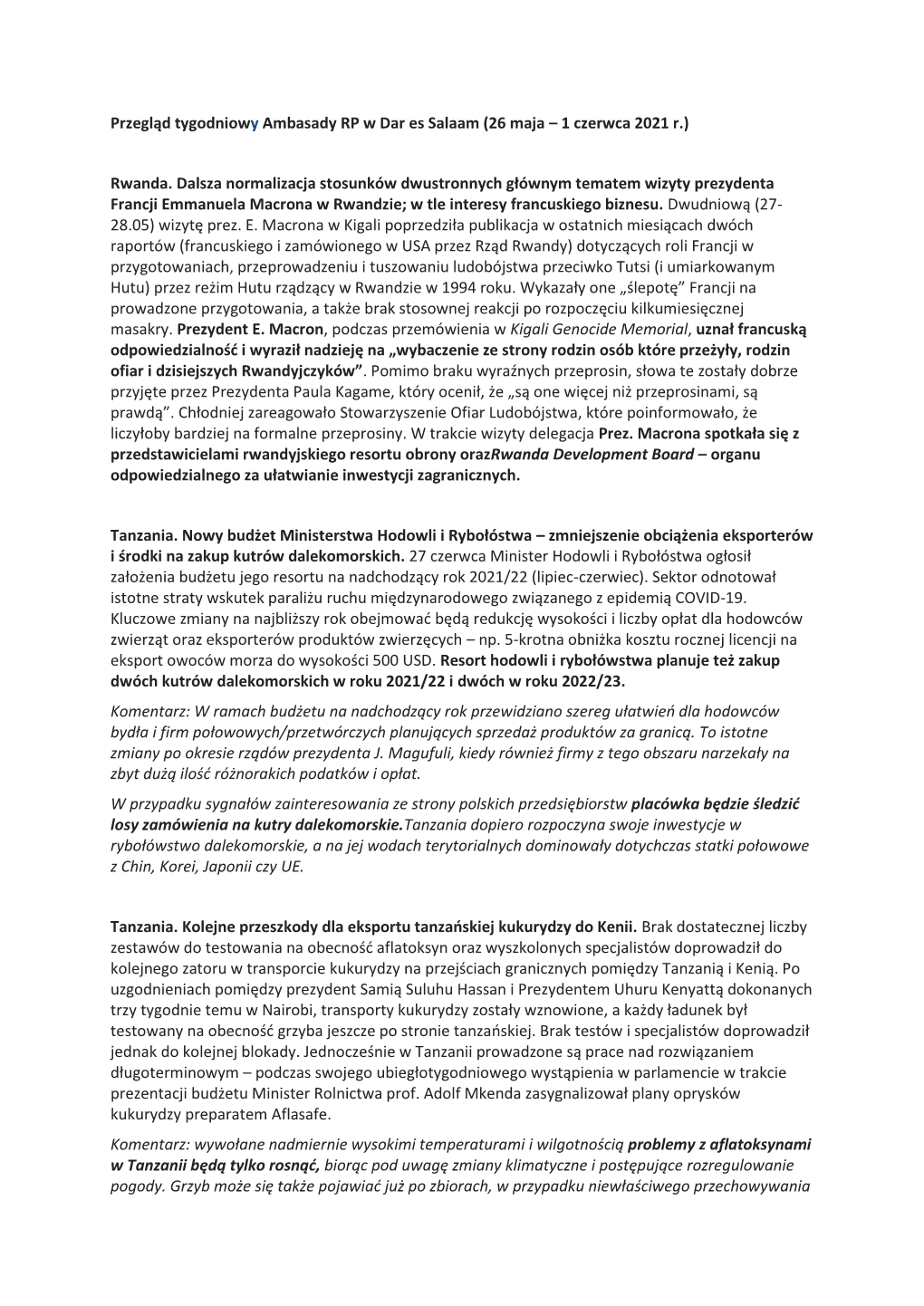 Przegląd Tygodniowy Ambasady RP W Dar Es Salaam (26 Maja – 1 Czerwca 2021 R.)