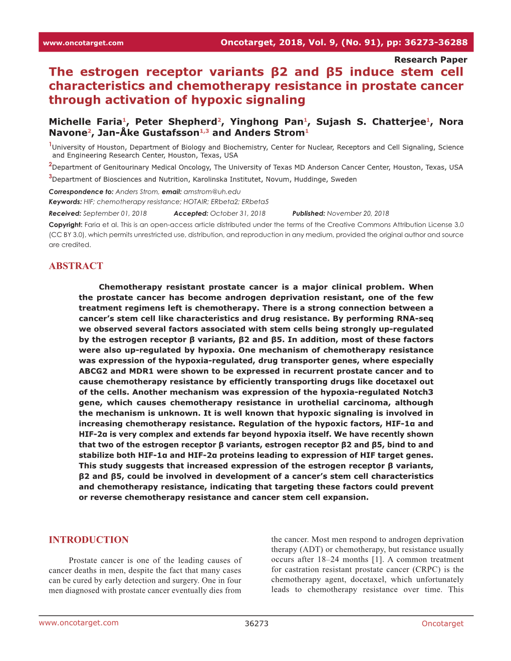 The Estrogen Receptor Variants Β2 and Β5 Induce Stem Cell Characteristics and Chemotherapy Resistance in Prostate Cancer Through Activation of Hypoxic Signaling