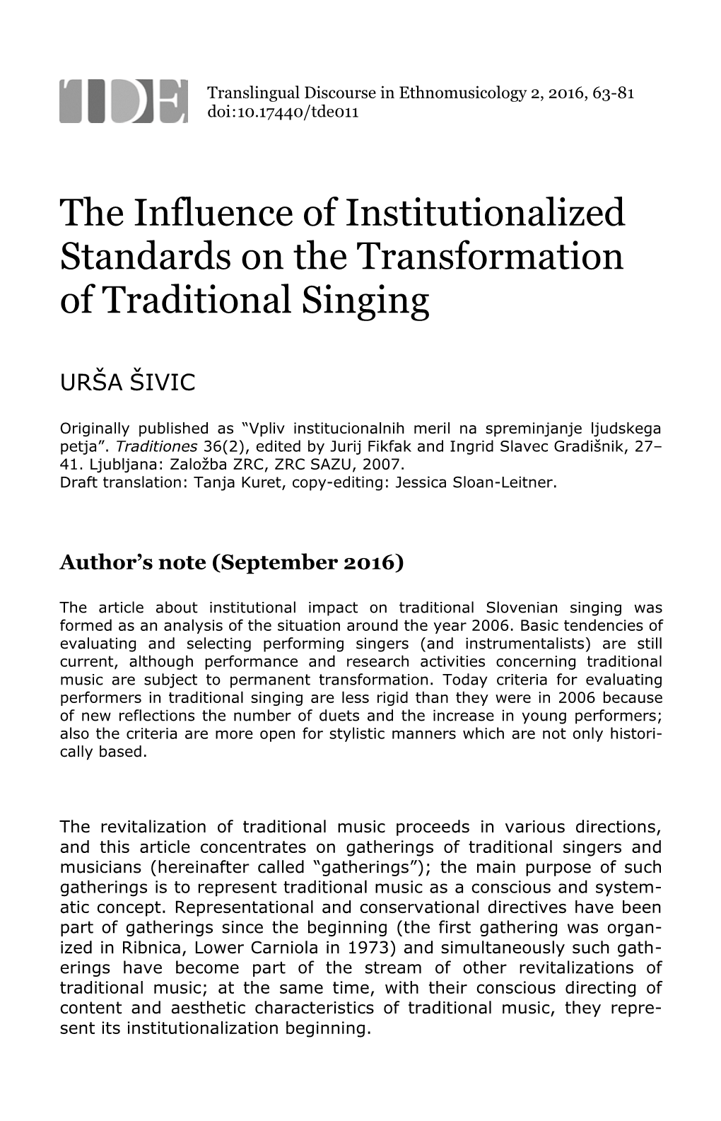 The Influence of Institutionalized Standards on the Transformation of Traditional Singing