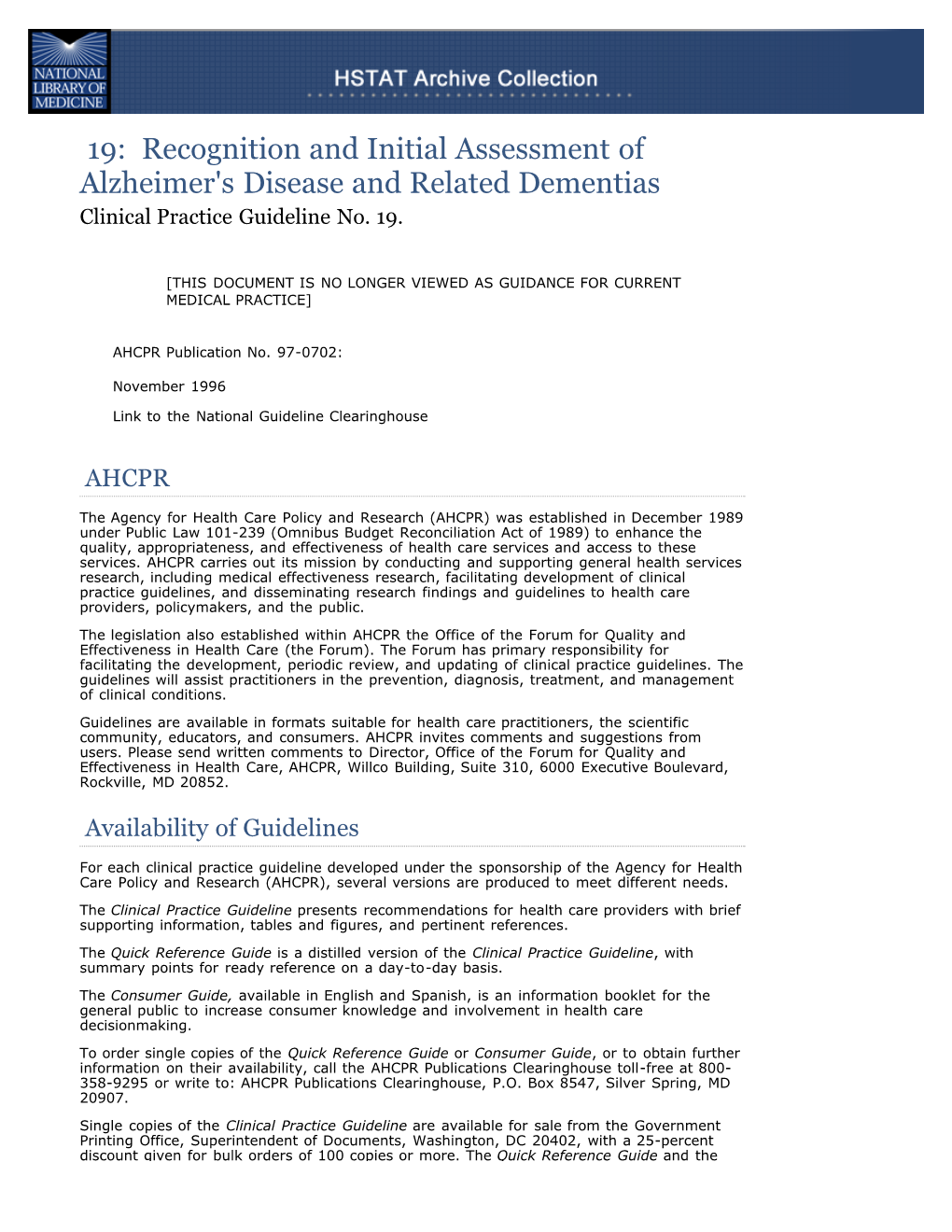 Recognition and Initial Assessment of Alzheimer's Disease and Related Dementias Clinical Practice Guideline No