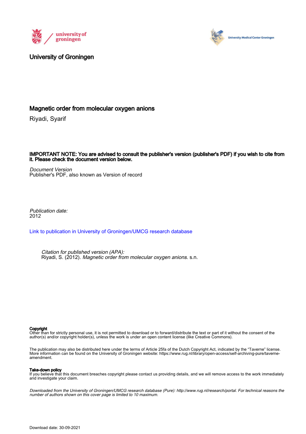 University of Groningen Magnetic Order from Molecular Oxygen