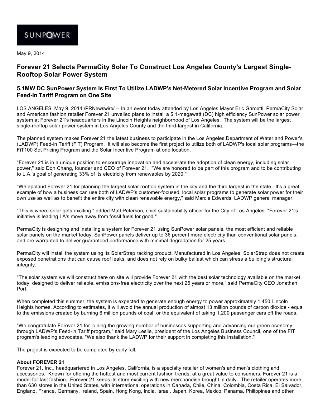 Forever 21 Selects Permacity Solar to Construct Los Angeles County's Largest Single- Rooftop Solar Power System