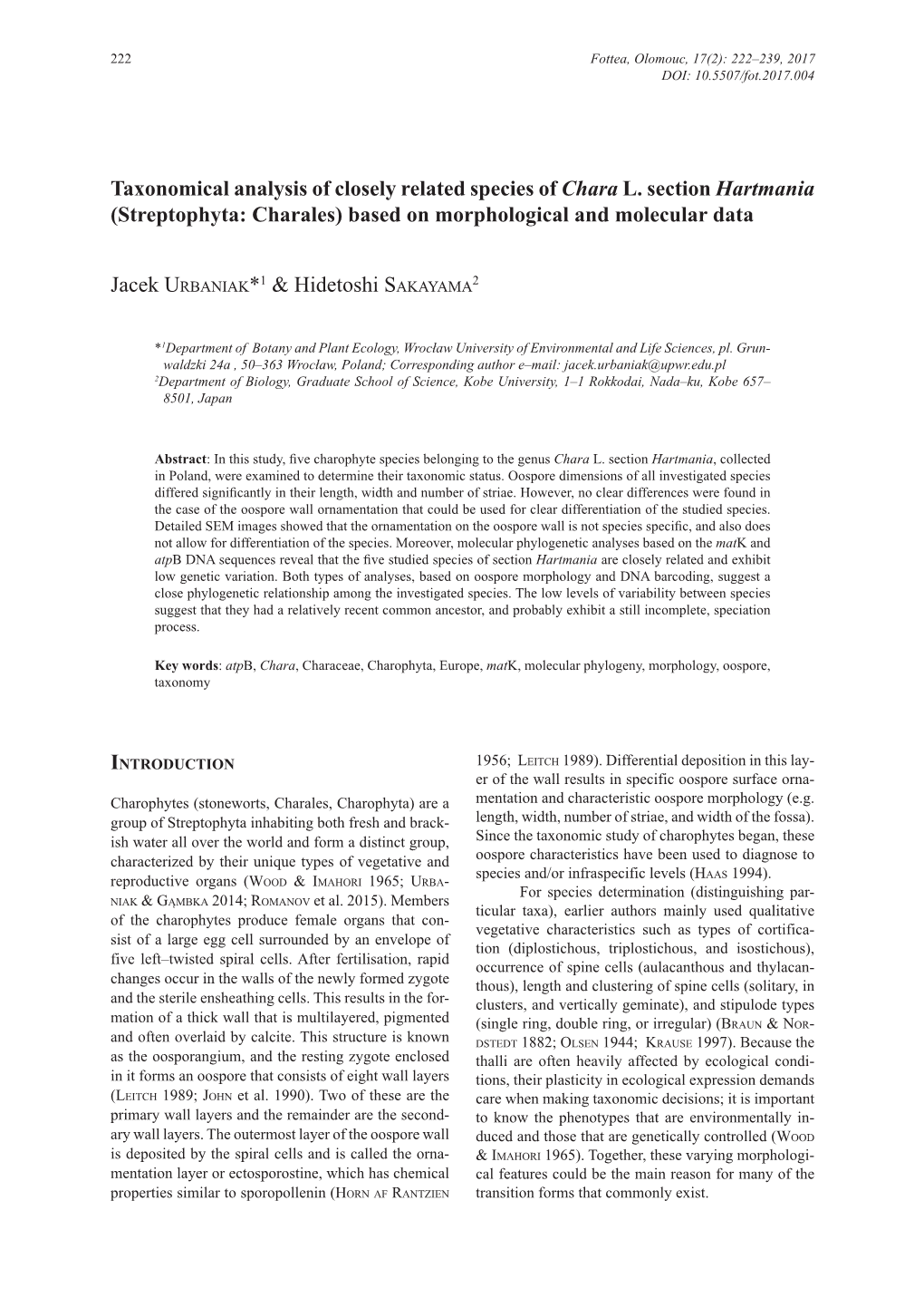 Taxonomical Analysis of Closely Related Species of Chara L. Section Hartmania (Streptophyta: Charales) Based on Morphological and Molecular Data