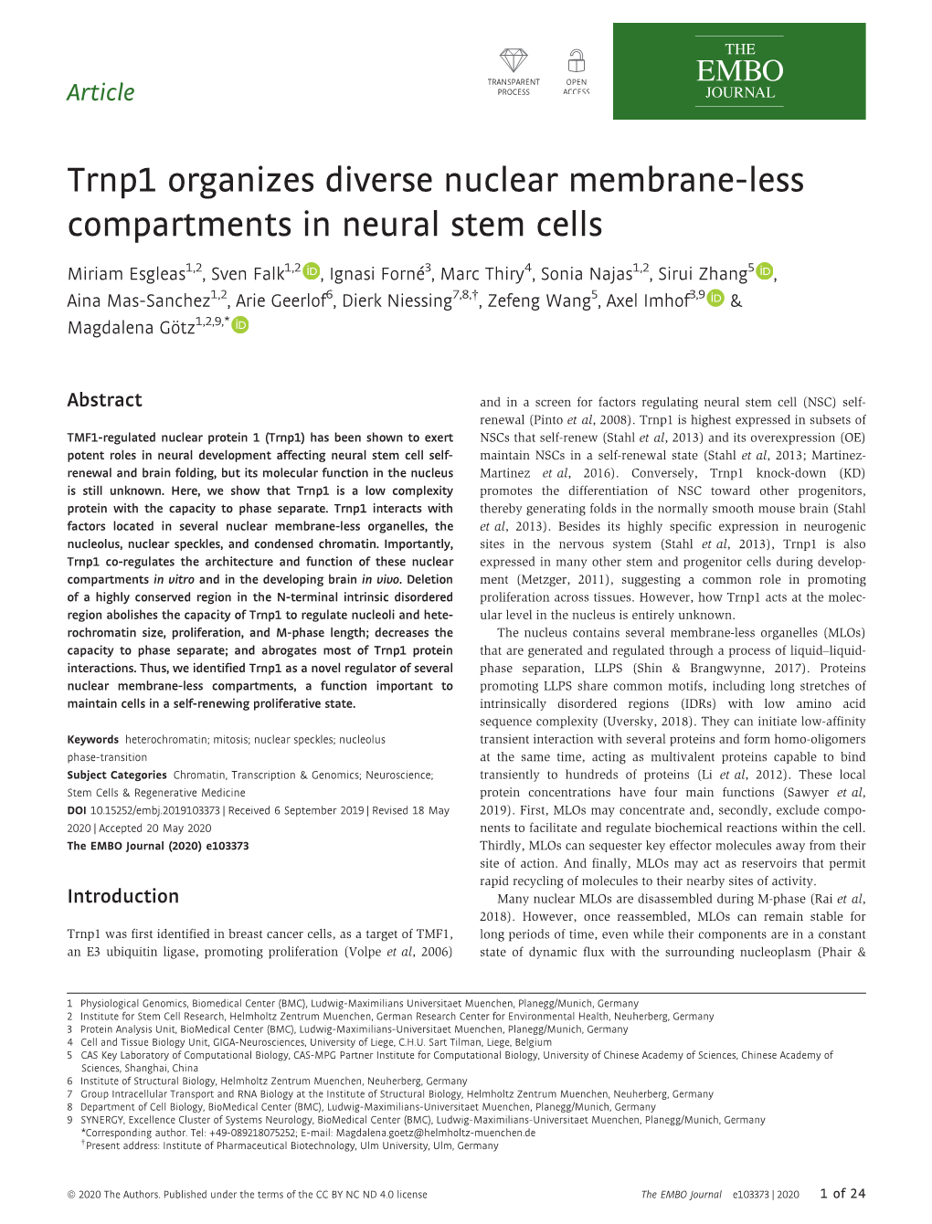 Trnp1 Organizes Diverse Nuclear Membrane‐Less Compartments In