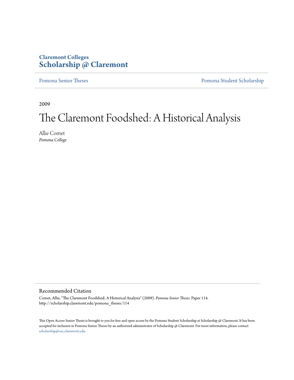 The Claremont Foodshed: a Historical Analysis