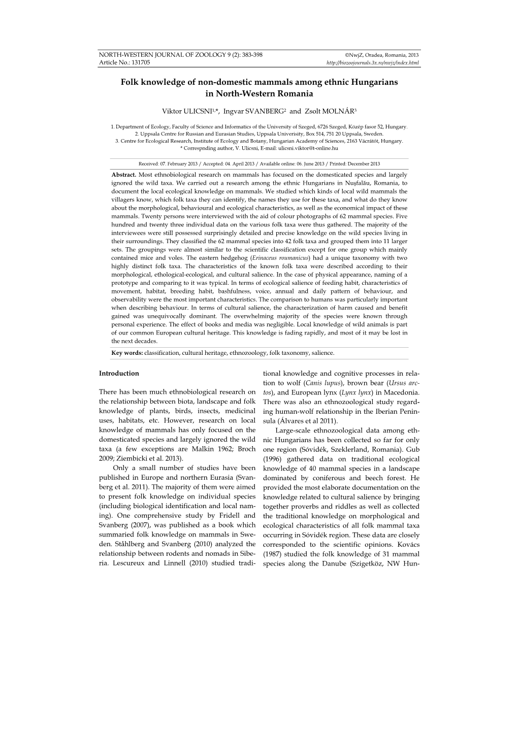 Folk Knowledge of Non-Domestic Mammals Among Ethnic Hungarians in North-Western Romania