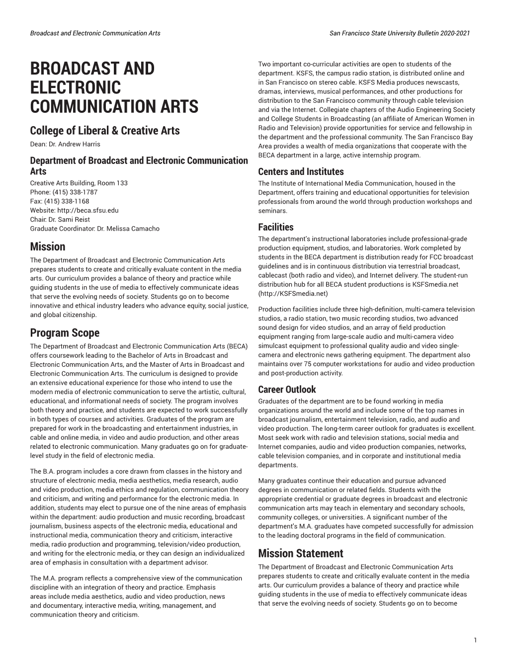 Broadcast and Electronic Communication Arts San Francisco State University Bulletin 2020-2021