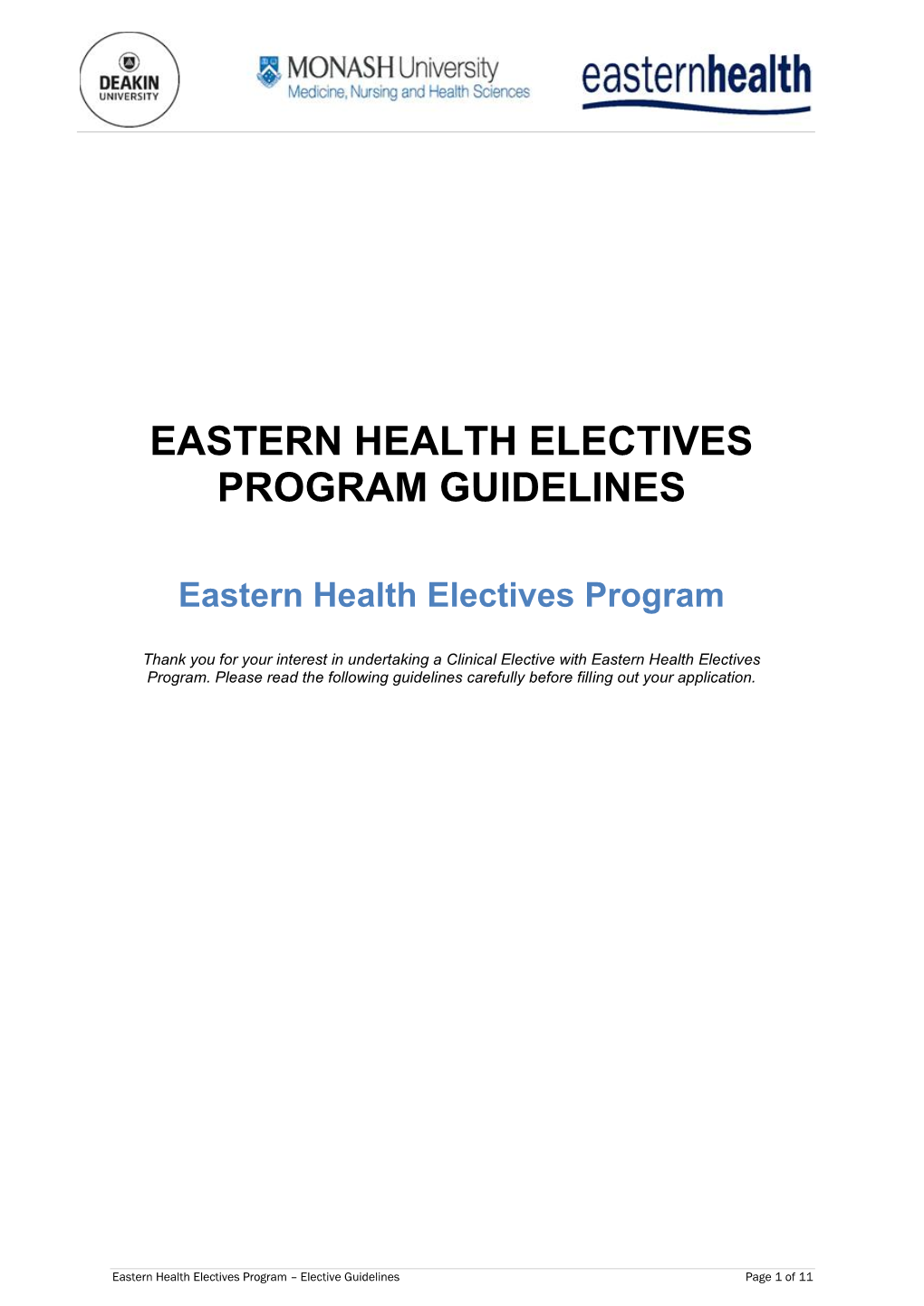 Eastern Health Electives Program Guidelines