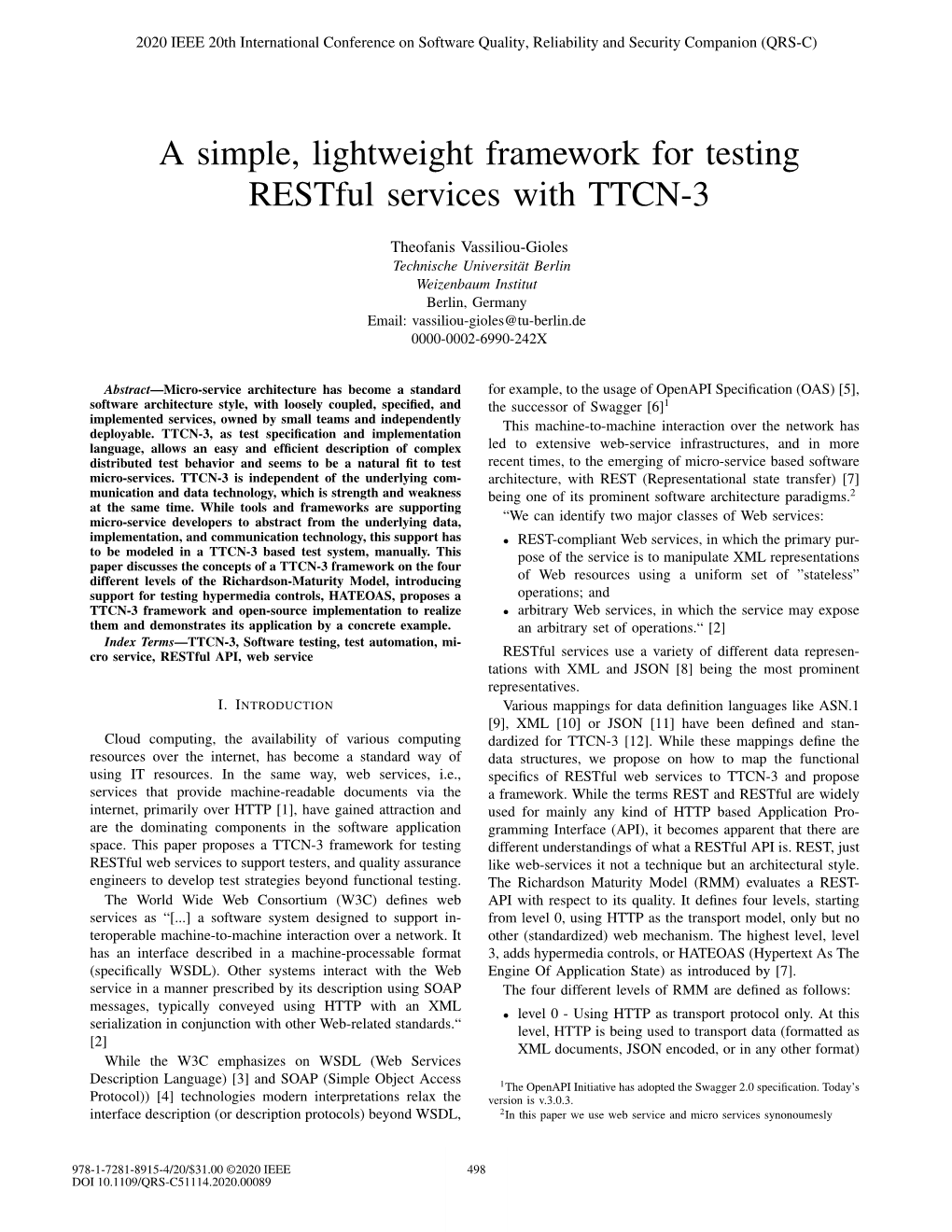 A Simple, Lightweight Framework for Testing Restful Services with TTCN-3