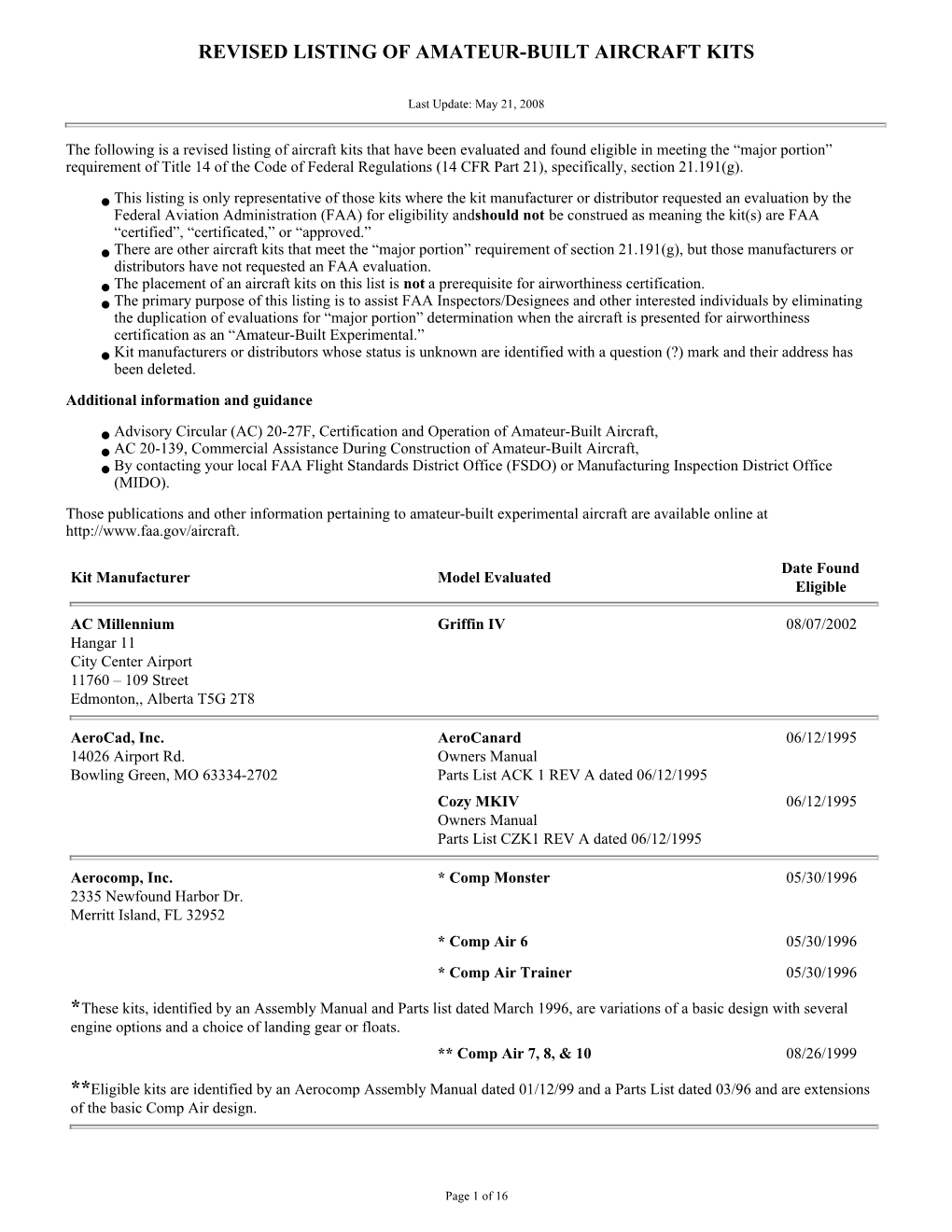 Revised Listing of Amateur-Built Aircraft Kits