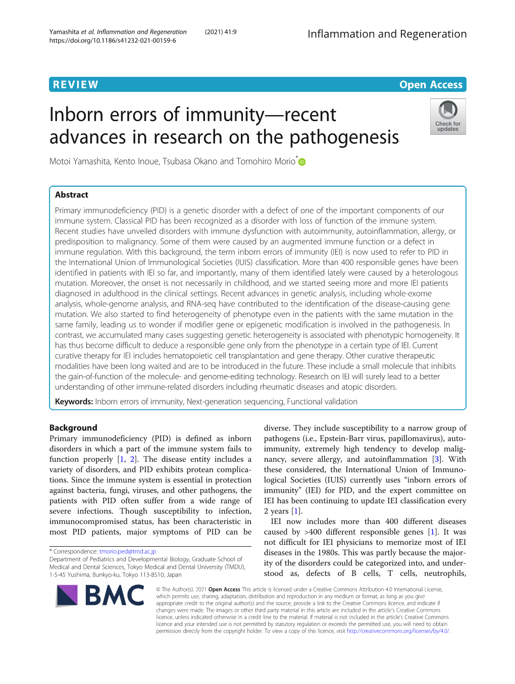 Inborn Errors of Immunity—Recent Advances in Research on the Pathogenesis Motoi Yamashita, Kento Inoue, Tsubasa Okano and Tomohiro Morio*