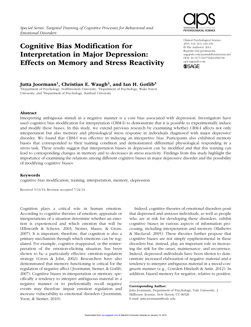 Cognitive Bias Modification for Interpretation in Major Depression