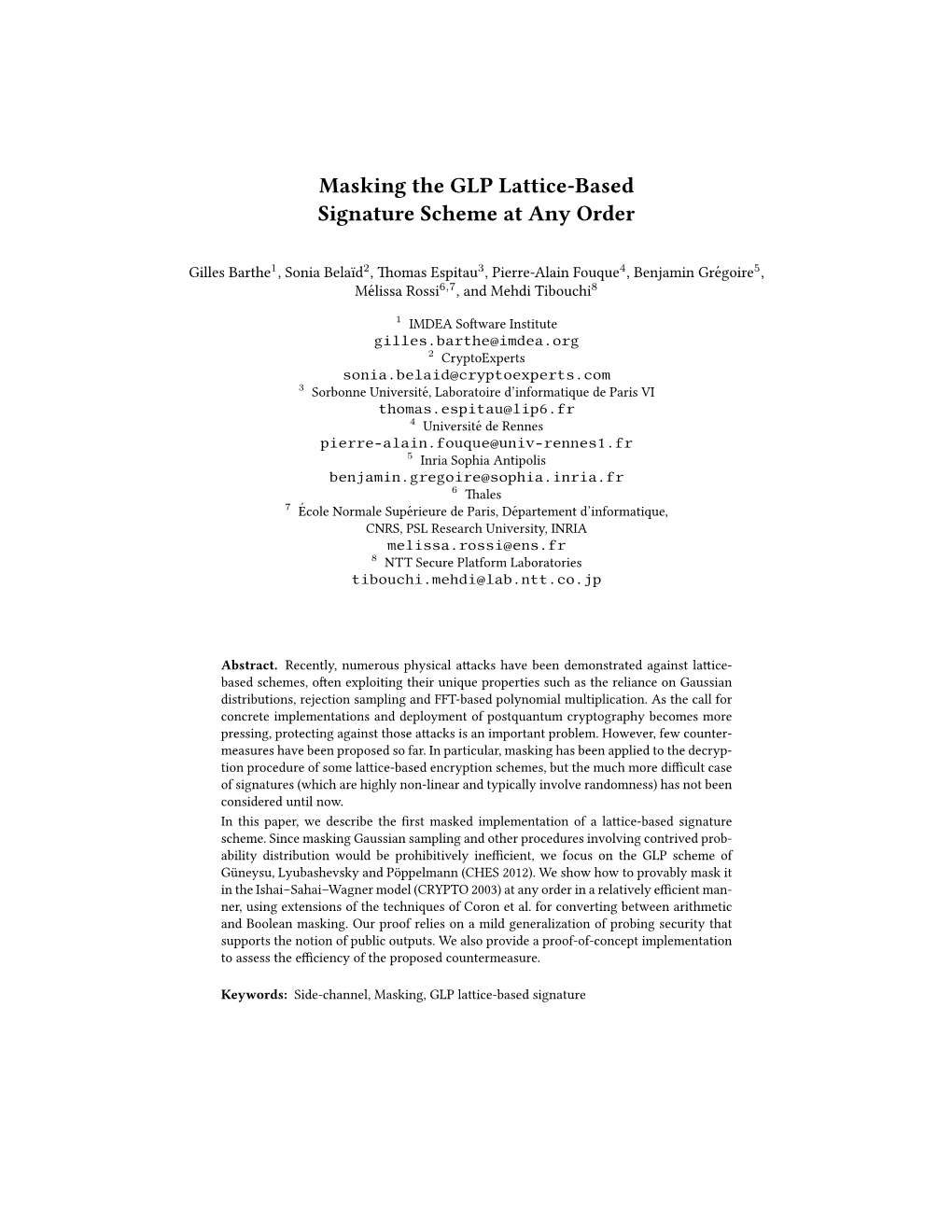 Masking the GLP Lattice-Based Signature Scheme at Any Order