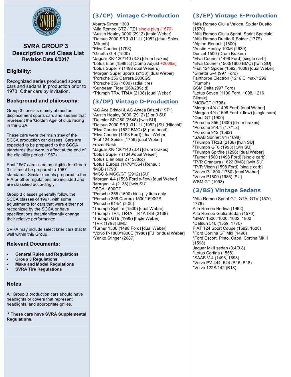 SVRA GROUP 3 Description and Class List