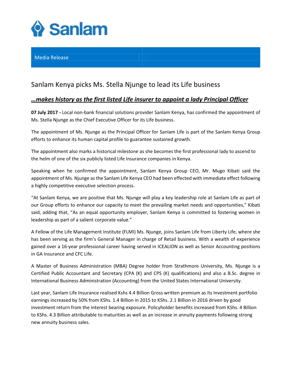 Sanlam Life CEO Announcement