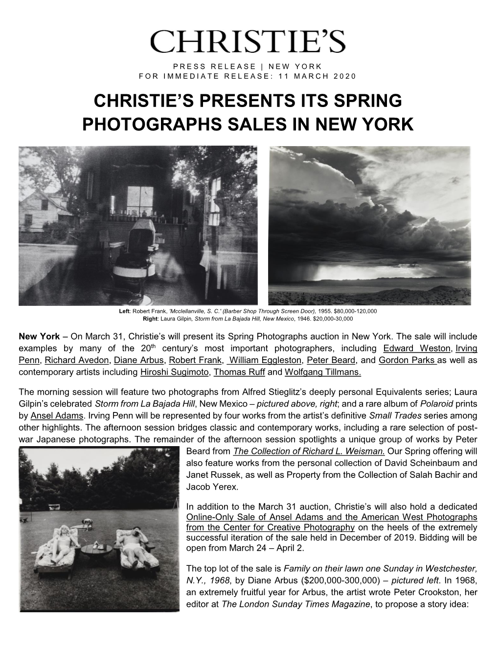 Christie's Presents Its Spring Photographs Sales in New