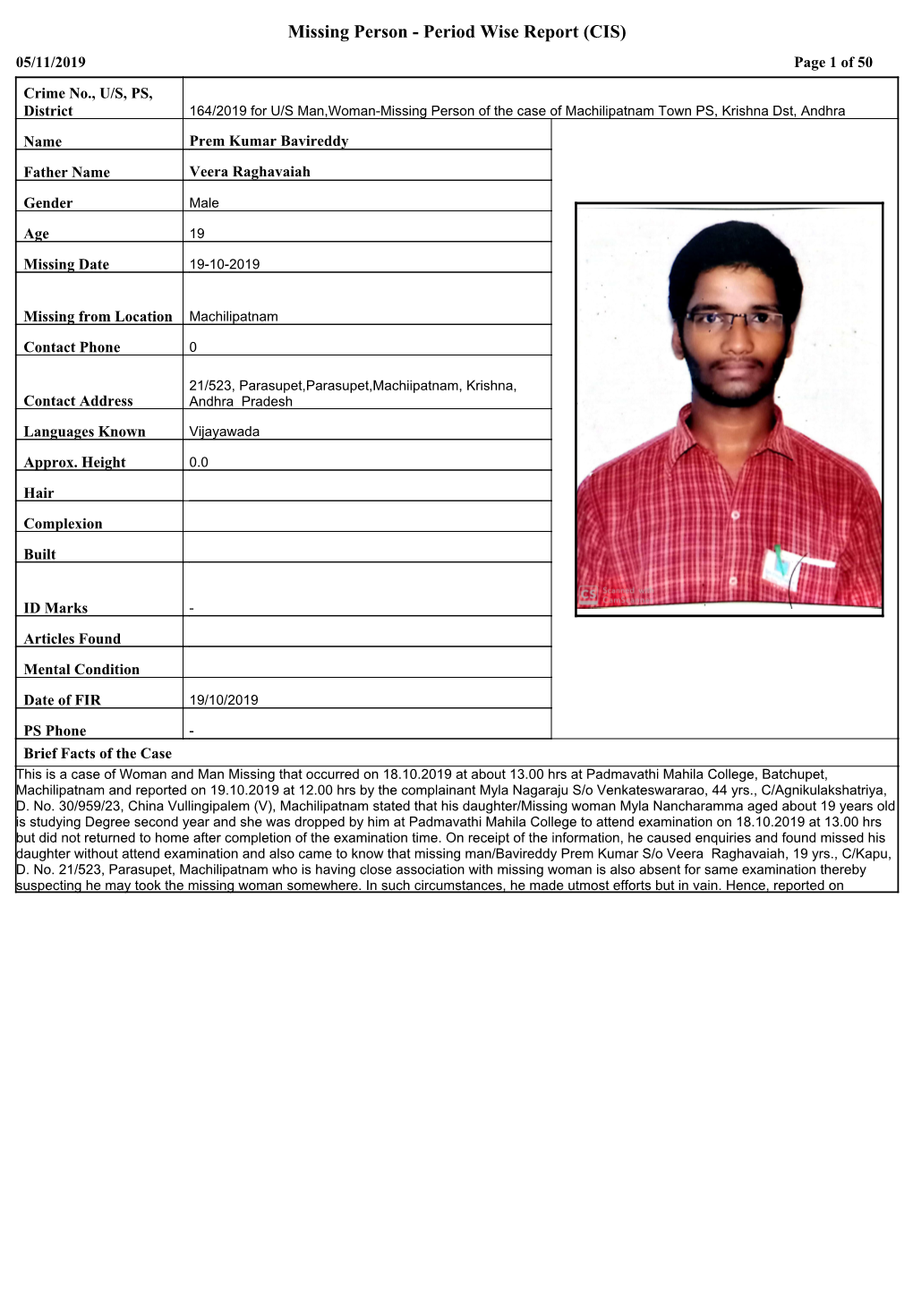 Missing Person - Period Wise Report (CIS) 05/11/2019 Page 1 of 50