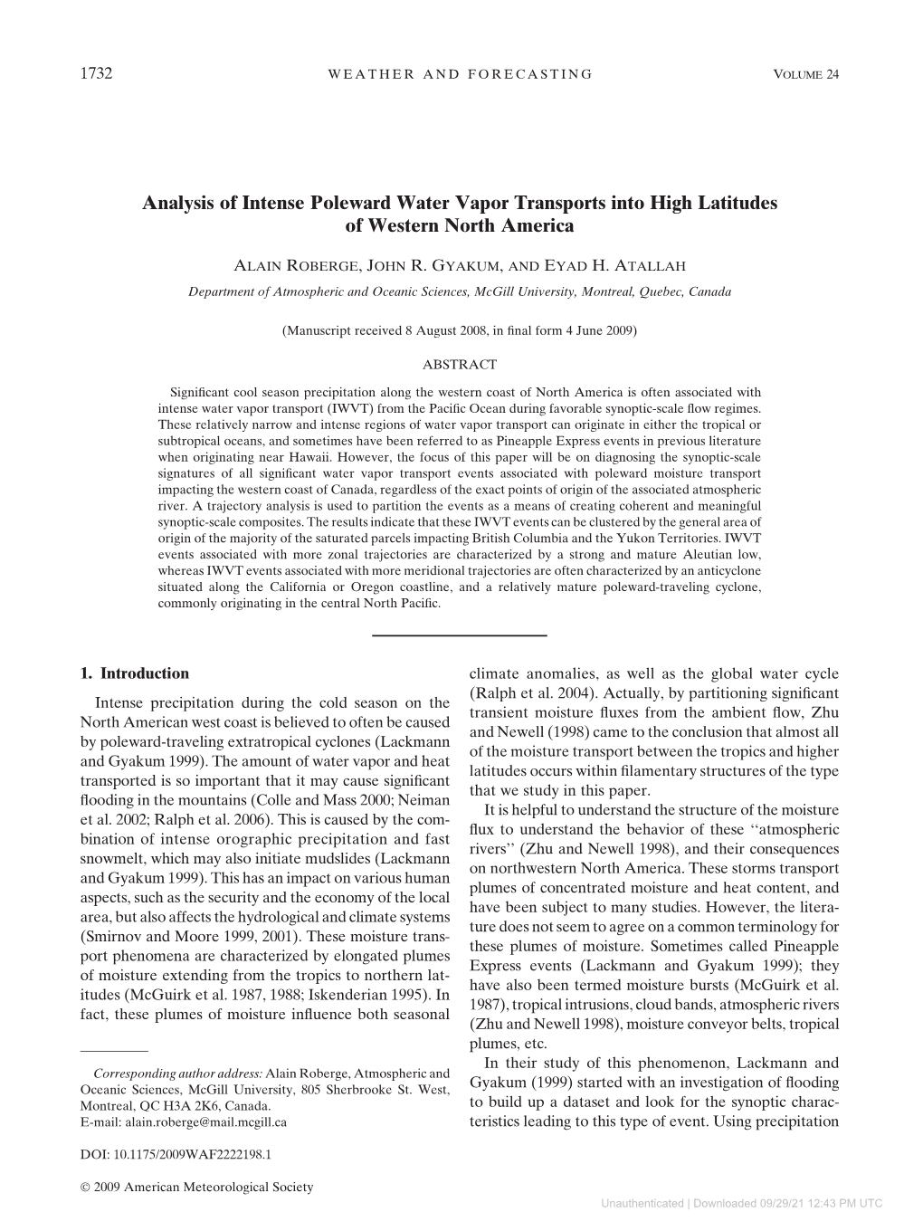 Analysis of Intense Poleward Water Vapor Transports Into High Latitudes of Western North America
