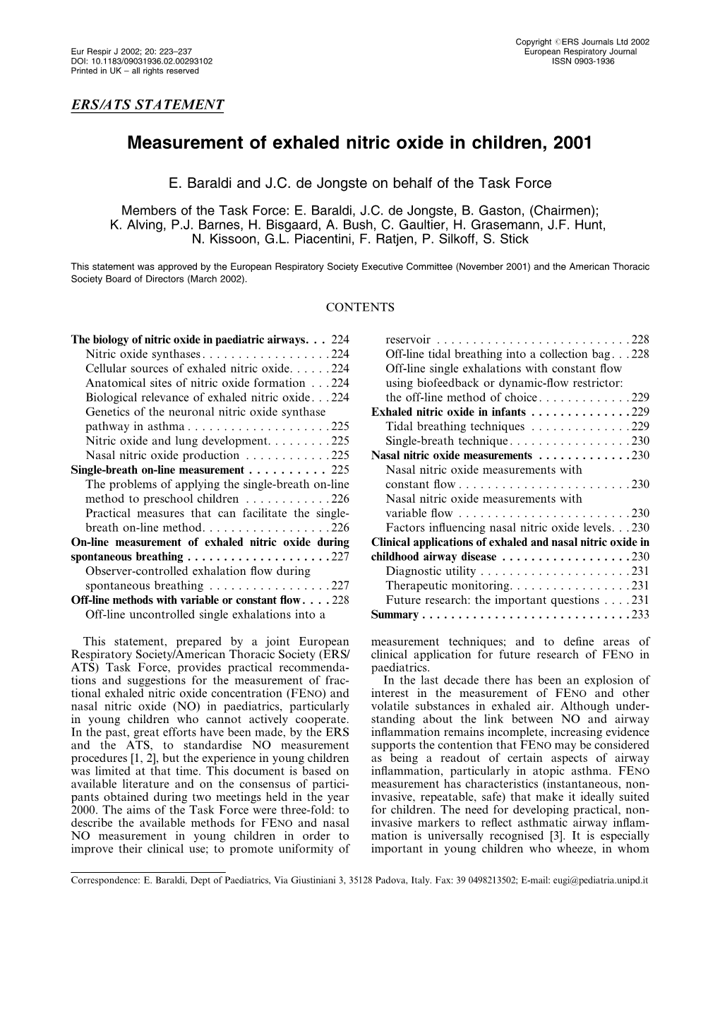 Measurement of Exhaled Nitric Oxide in Children, 2001