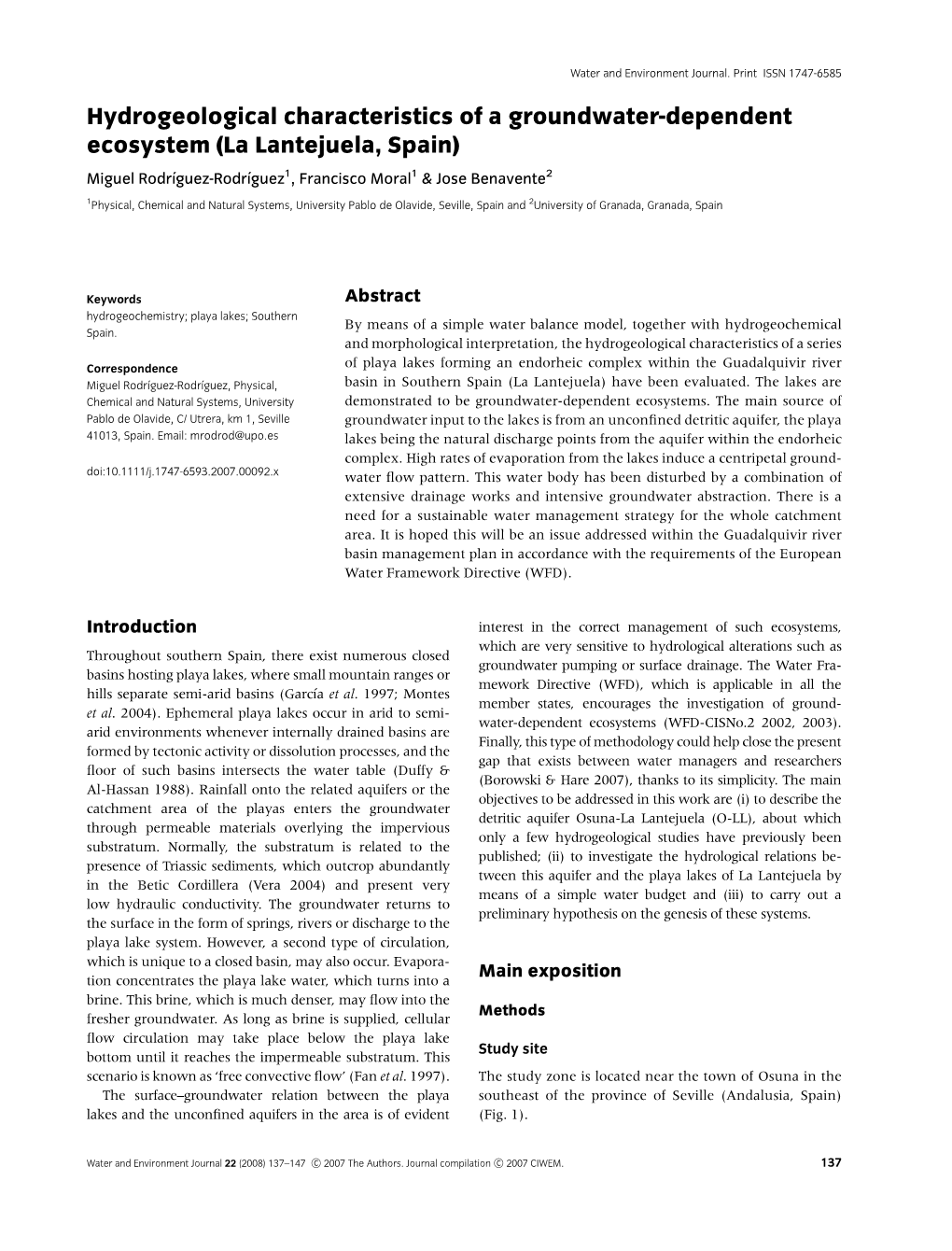 Hydrogeological Characteristics of a Groundwater-Dependent Ecosystem (La Lantejuela, Spain) Miguel Rodrıguez-Rodr´ Iguez´ 1, Francisco Moral1 & Jose Benavente2