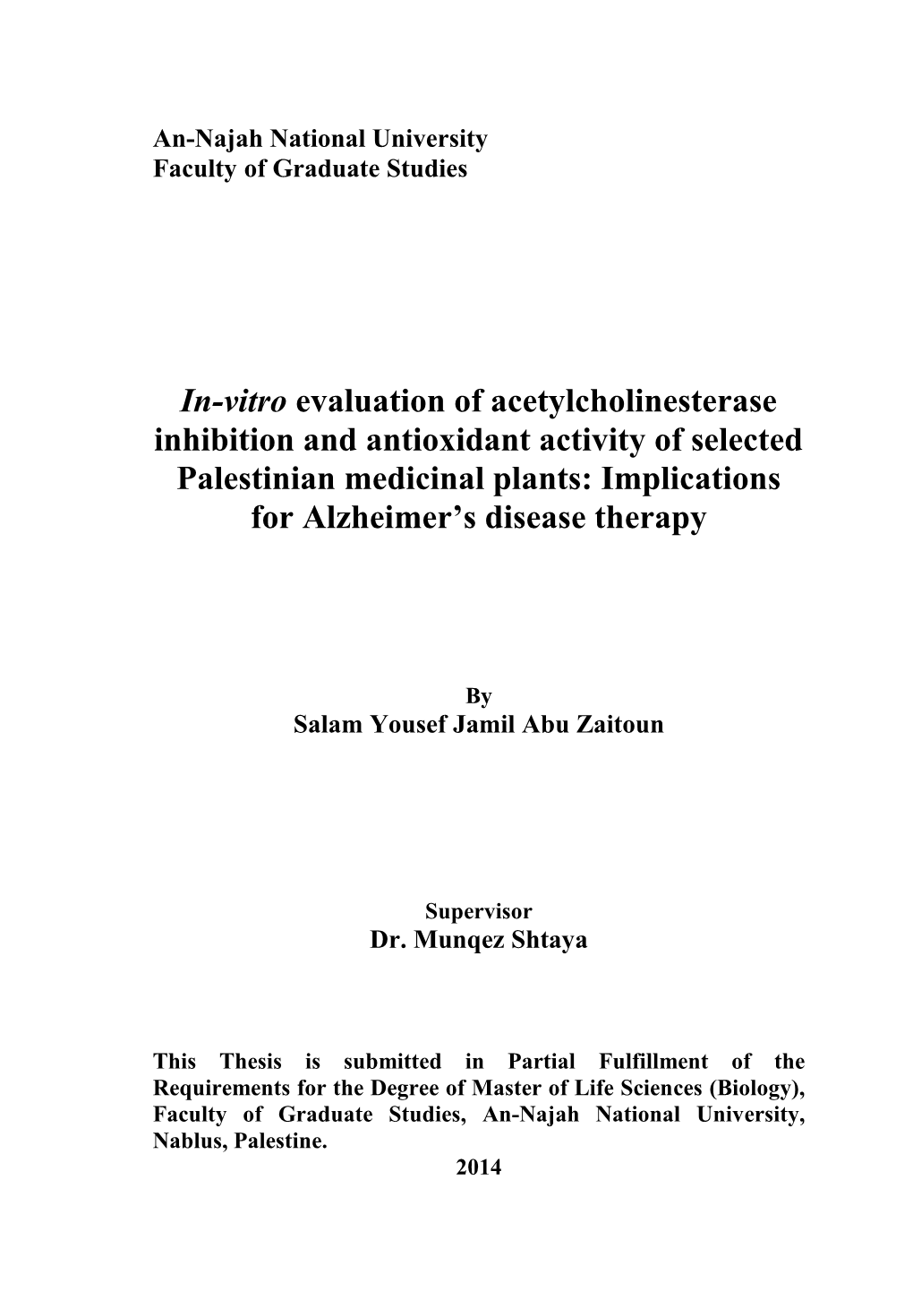 In-Vitro Evaluation of Acetylcholinesterase Inhibition And