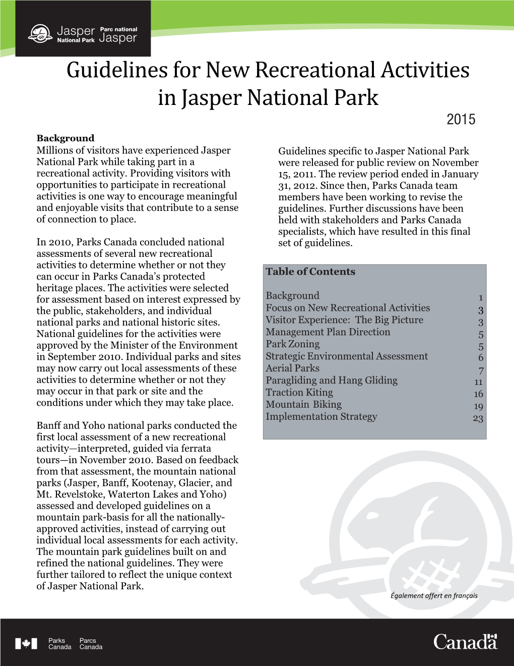 Guidelines for New Recreational Activities in Jasper National Park