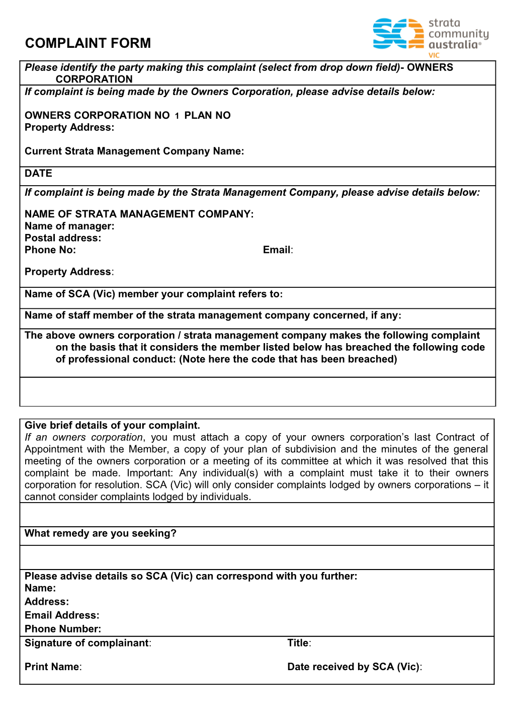 Complaint Form - Body Corporate