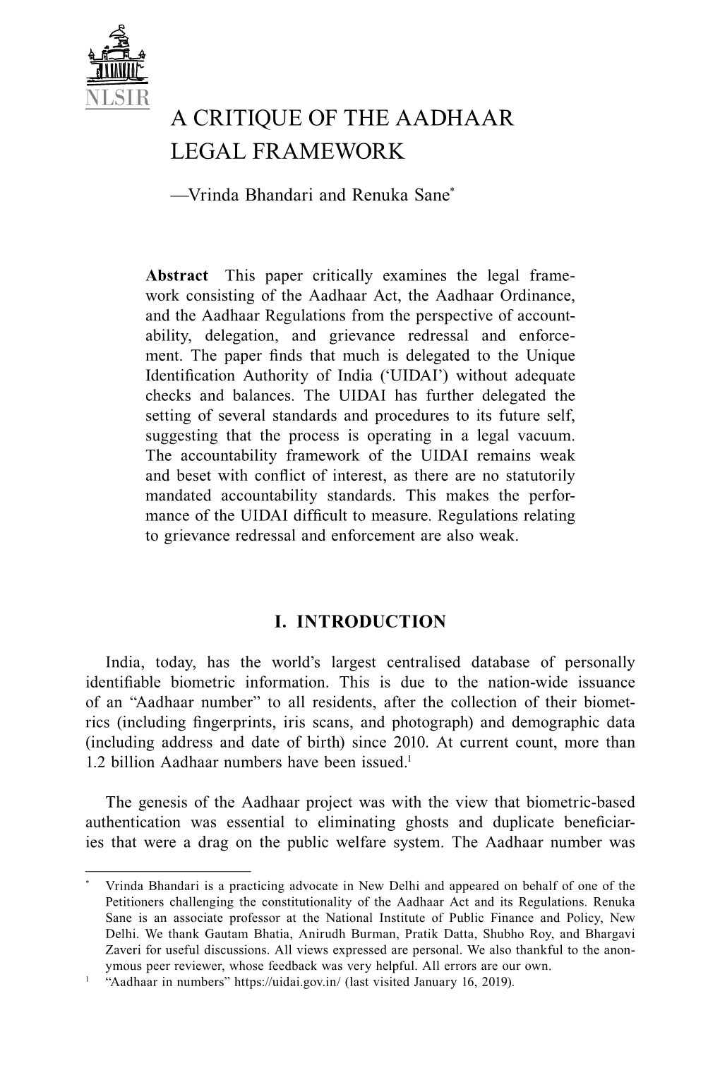 A Critique of the Aadhaar Legal Framework