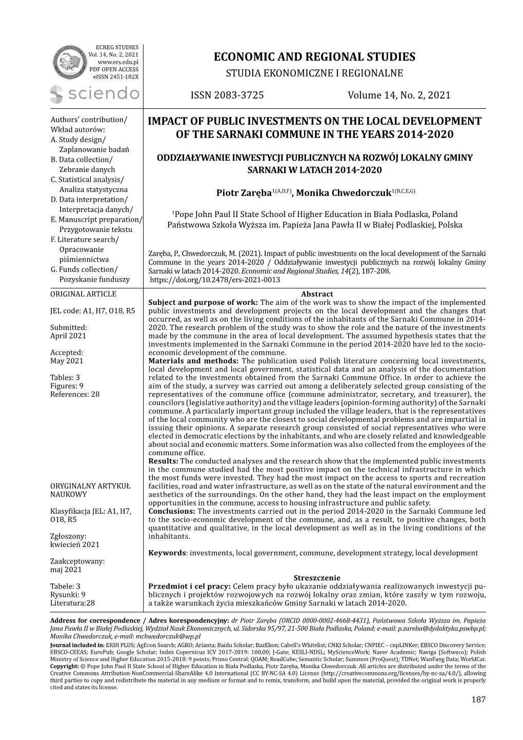 ECONOMIC and REGIONAL STUDIES PDF OPEN ACCESS Eissn 2451-182X STUDIA EKONOMICZNE I REGIONALNE ISSN 2083-3725 Volume 14, No