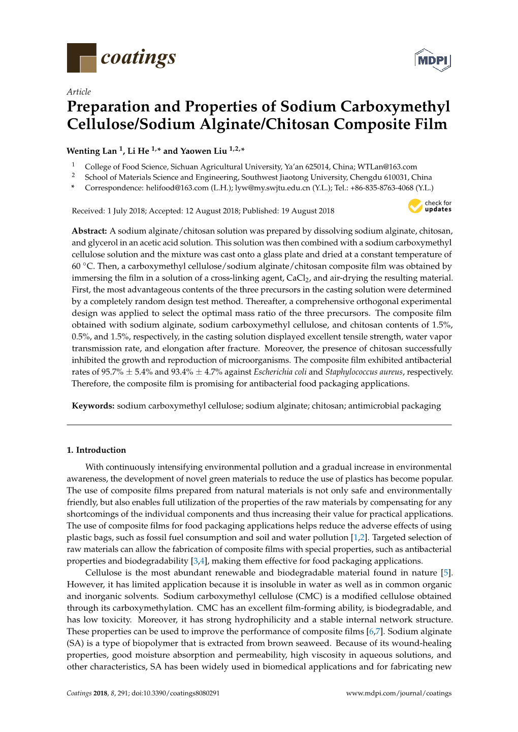 Preparation and Properties of Sodium Carboxymethyl Cellulose/Sodium Alginate/Chitosan Composite Film