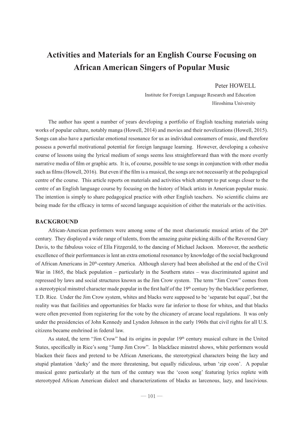 Activities and Materials for an English Course Focusing on African American Singers of Popular Music