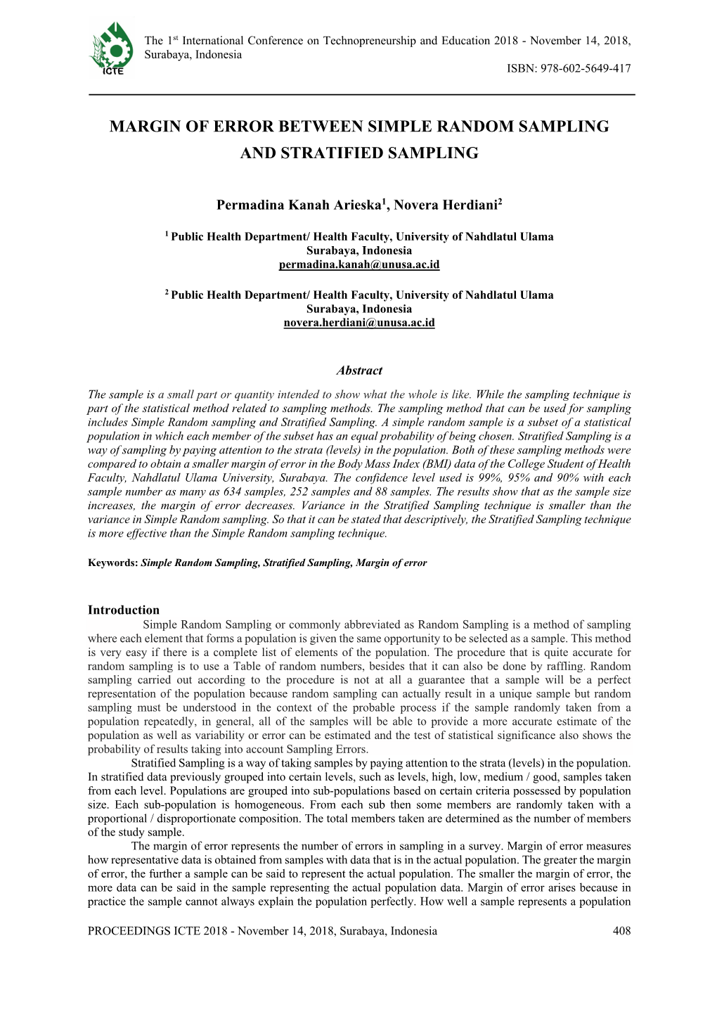 Margin of Error Between Simple Random Sampling and Stratified Sampling