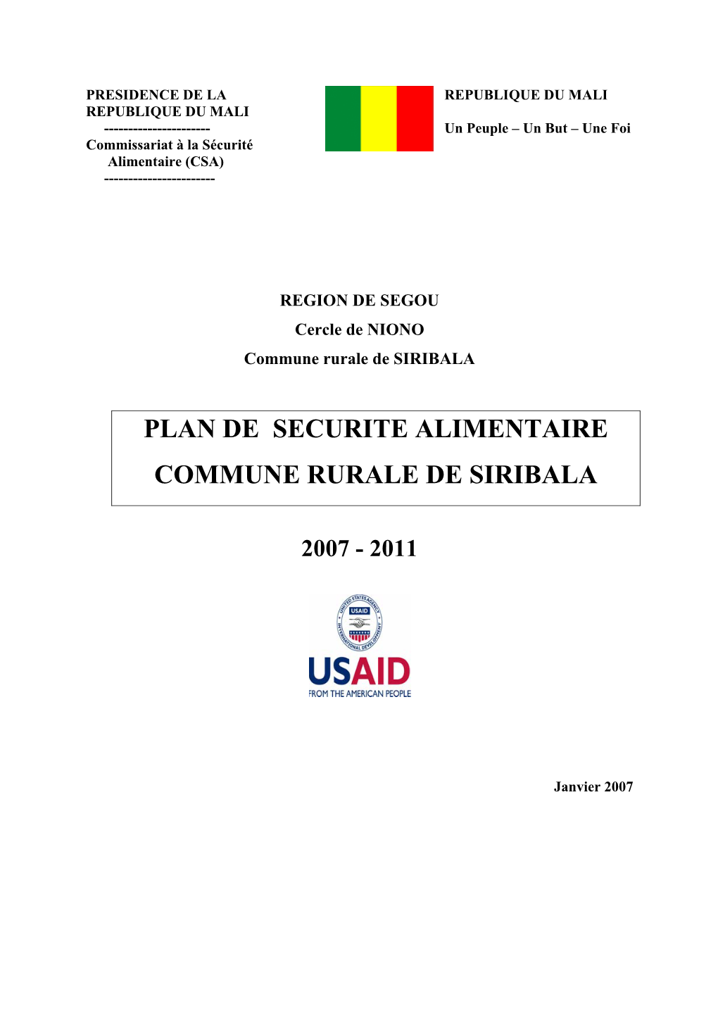 Plan De Securite Alimentaire Commune Rurale De Siribala