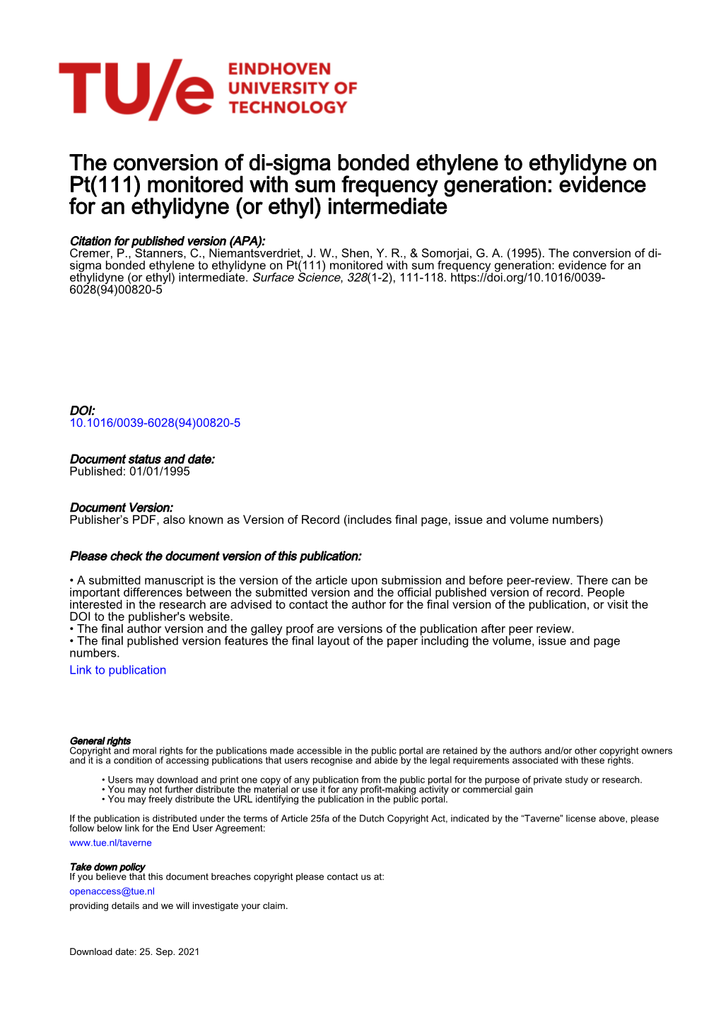 The Conversion of Di-Sigma Bonded Ethylene to Ethylidyne on Pt(111) Monitored with Sum Frequency Generation: Evidence for an Ethylidyne (Or Ethyl) Intermediate