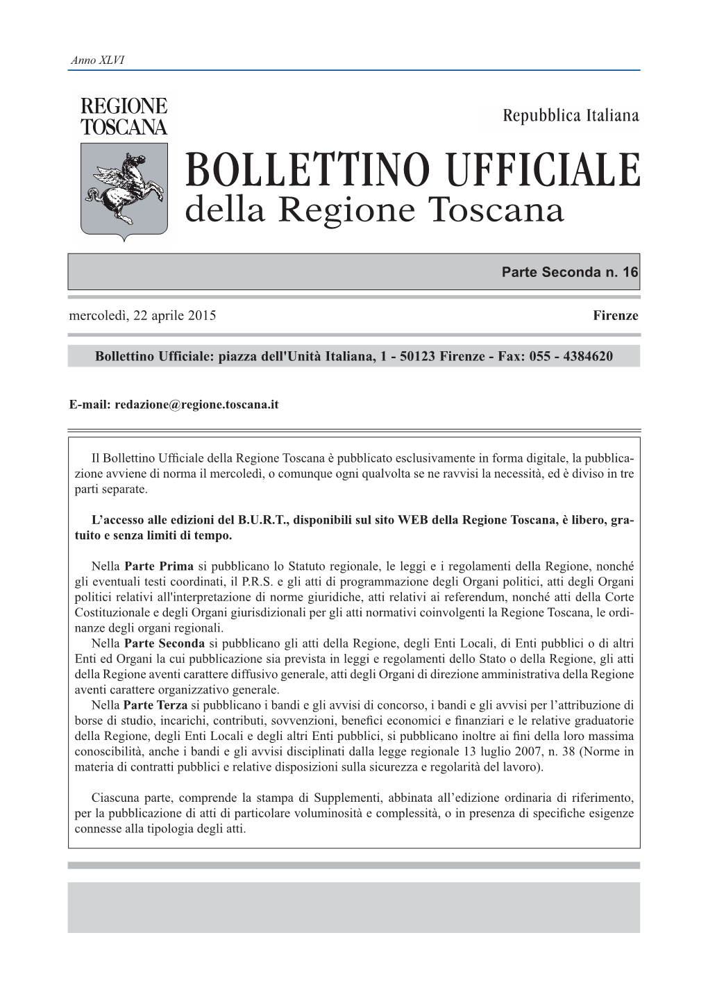 BOLLETTINO UFFICIALE Della Regione Toscana