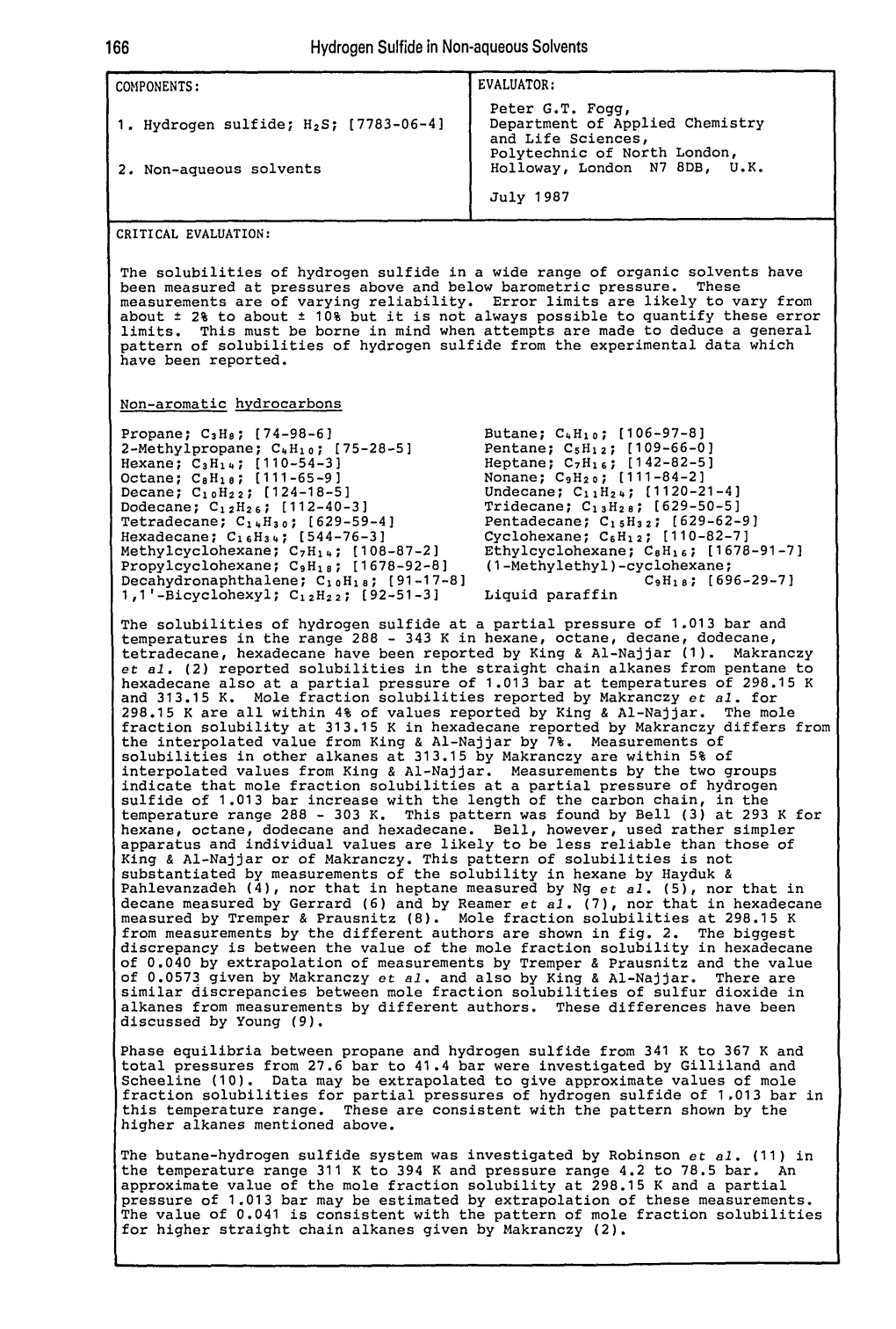 166 Hydrogen Sulfide in Non-Aqueous Solvents