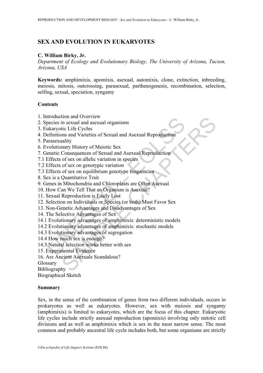 Sex and Evolution in Eukaryotes - C