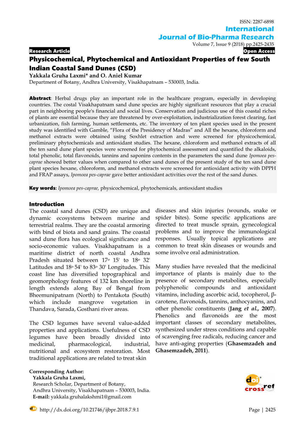 Physicochemical, Phytochemical and Antioxidant Properties of Few South Indian Coastal Sand Dunes (CSD) Yakkala Gruha Laxmi* and O