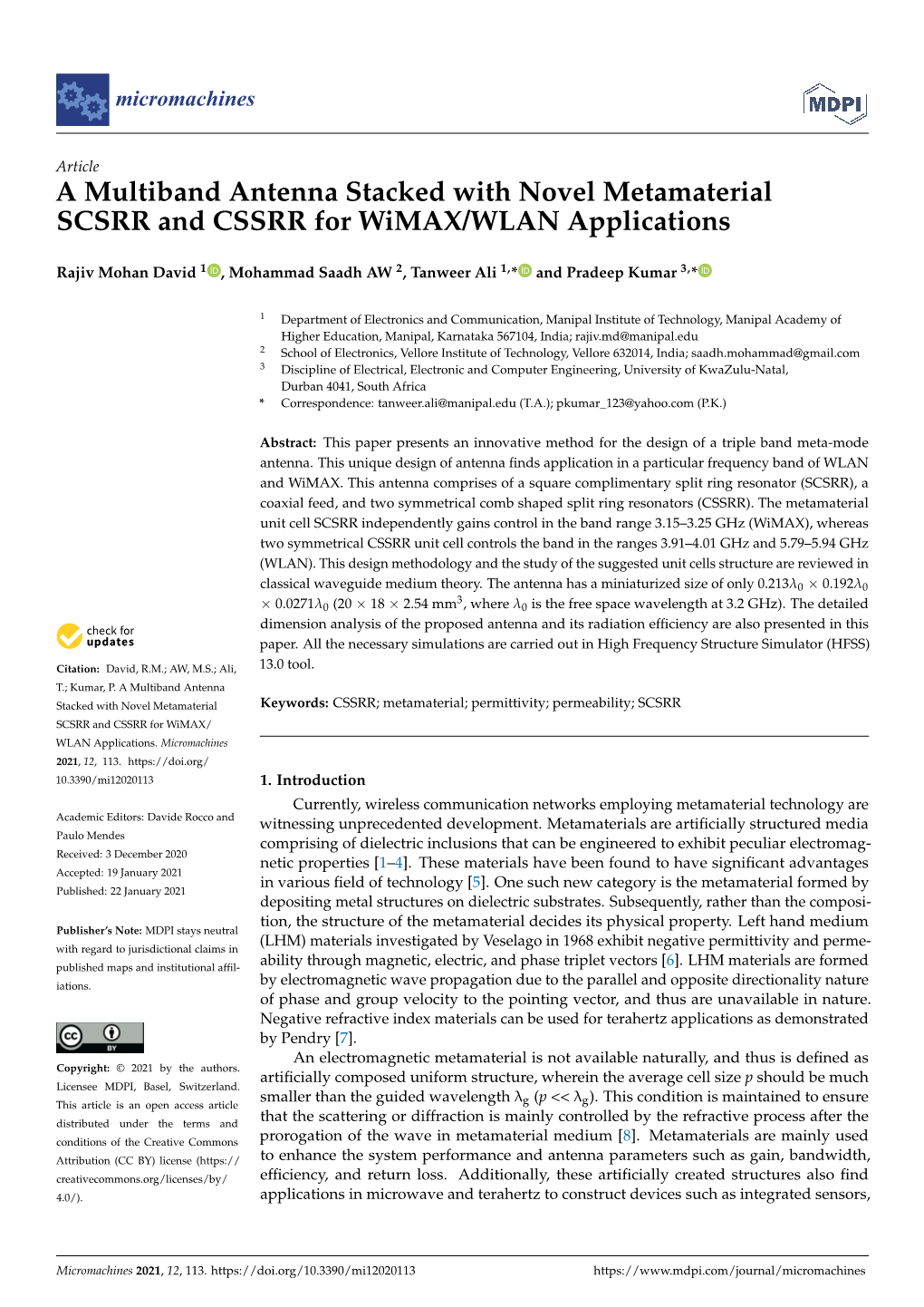 A Multiband Antenna Stacked with Novel Metamaterial SCSRR and CSSRR for Wimax/WLAN Applications