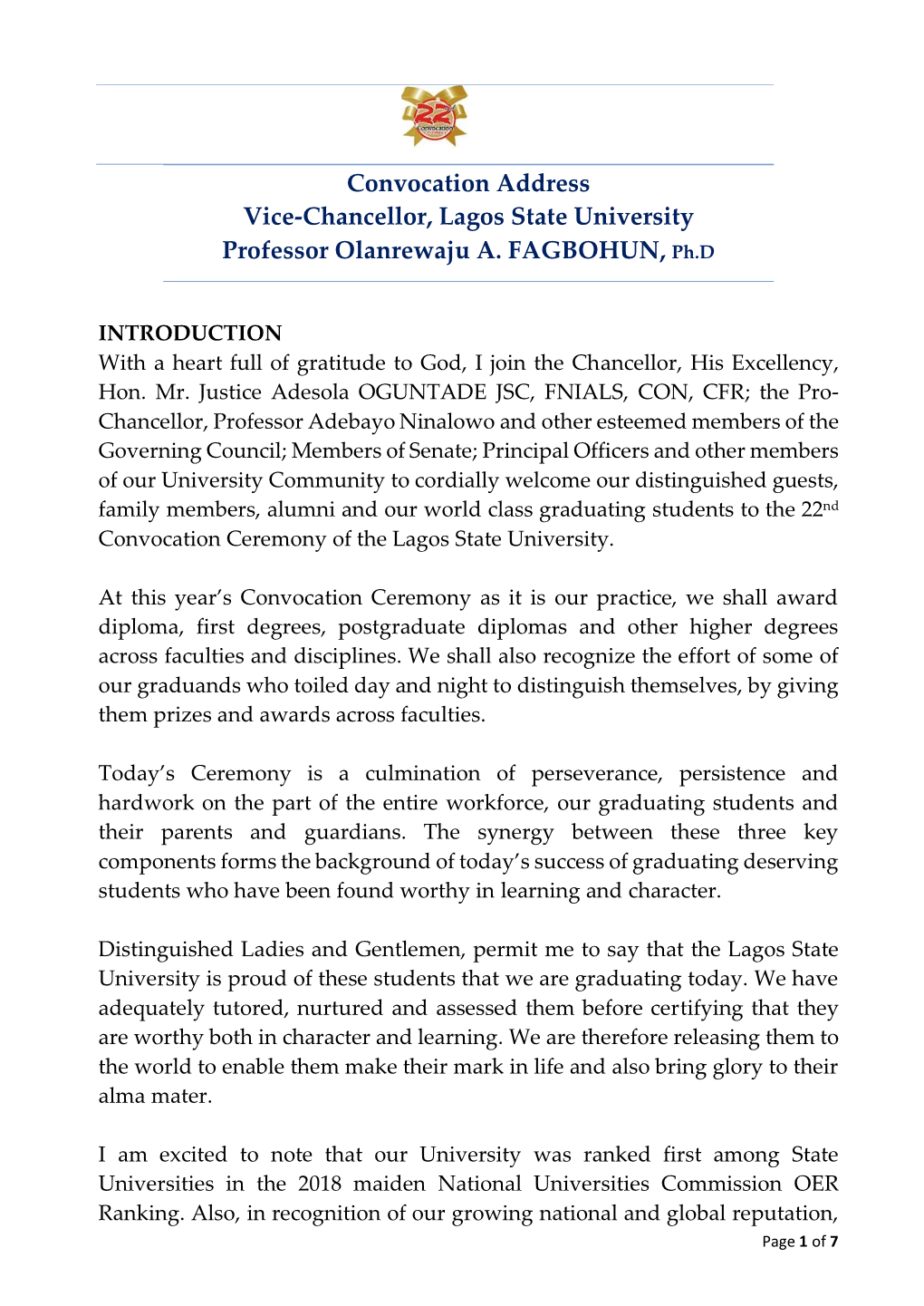 Convocation Address Vice-Chancellor, Lagos State University Professor Olanrewaju A