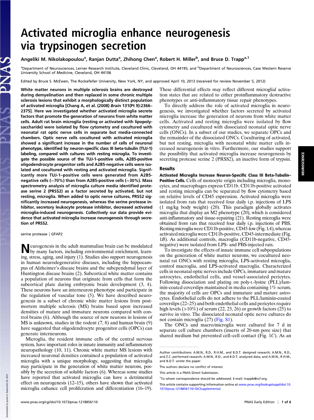 Activated Microglia Enhance Neurogenesis Via Trypsinogen Secretion