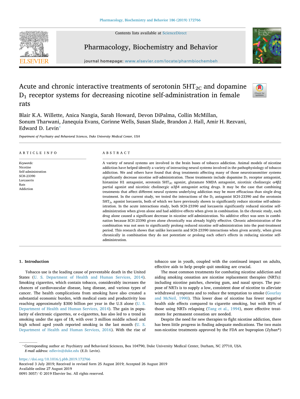 Acute and Chronic Interactive Treatments of Serotonin 5HT2C and Dopamine T D1 Receptor Systems for Decreasing Nicotine Self-Administration in Female Rats