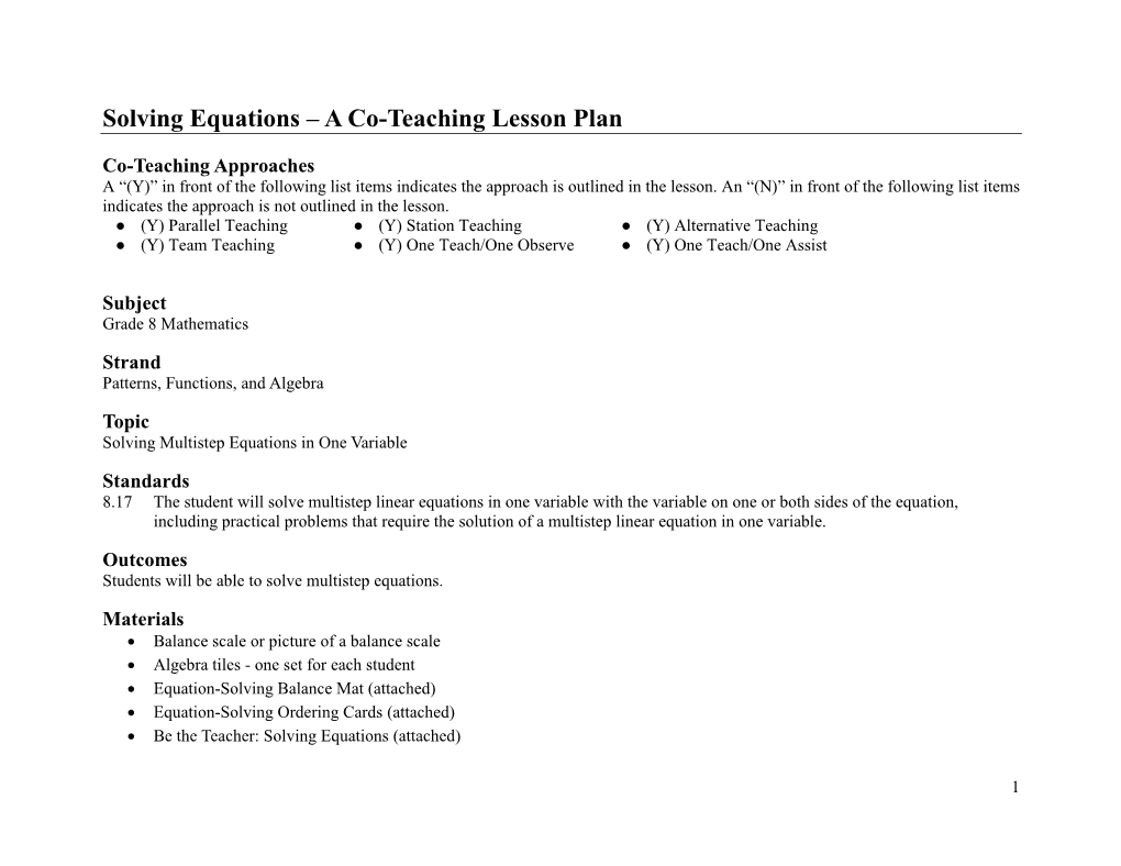 Solving Equations – a Co-Teaching Lesson Plan