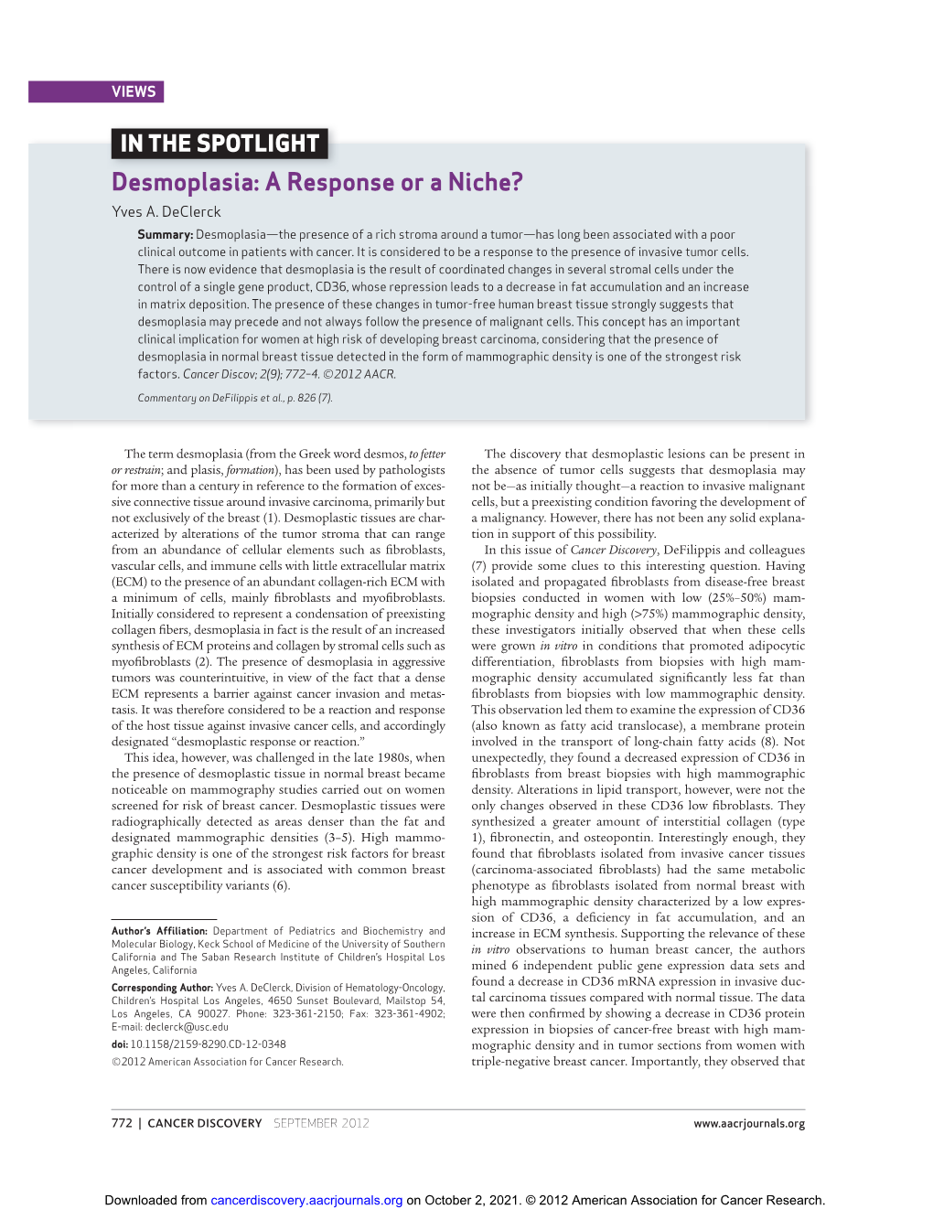 Desmoplasia: a Response Or a Niche? Yves A