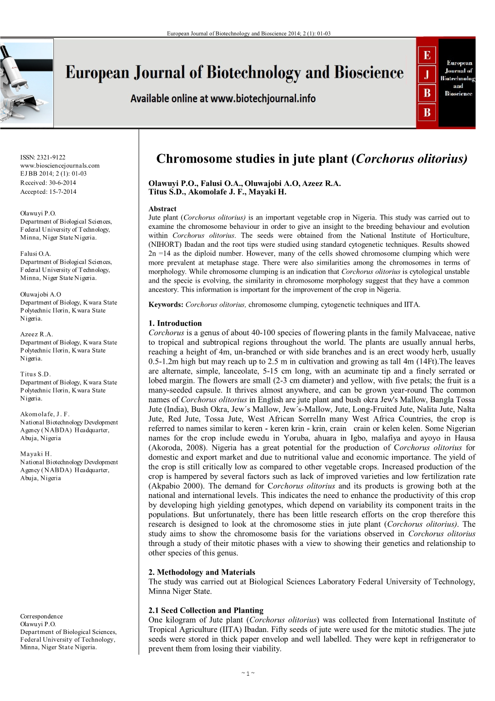 Chromosome Studies in Jute Plant (Corchorus Olitorius)