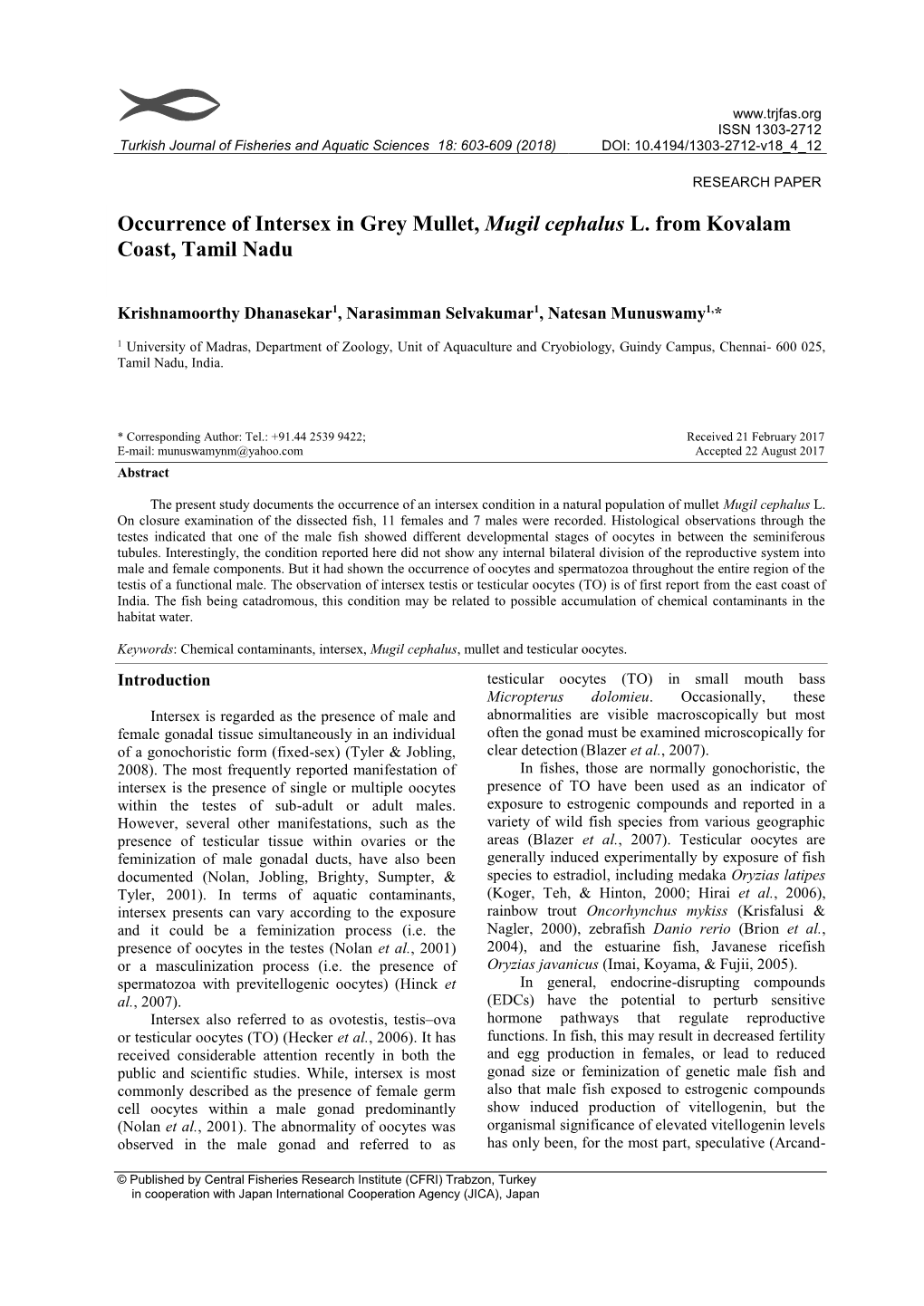 Occurrence of Intersex in Grey Mullet, Mugil Cephalus L. from Kovalam Coast, Tamil Nadu