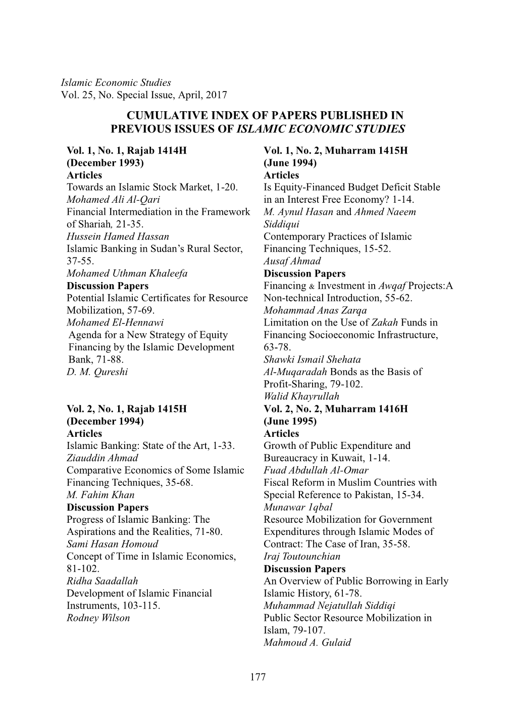 Cumulative Index of Papers Published in Previous Issues of Islamic Economic Studies