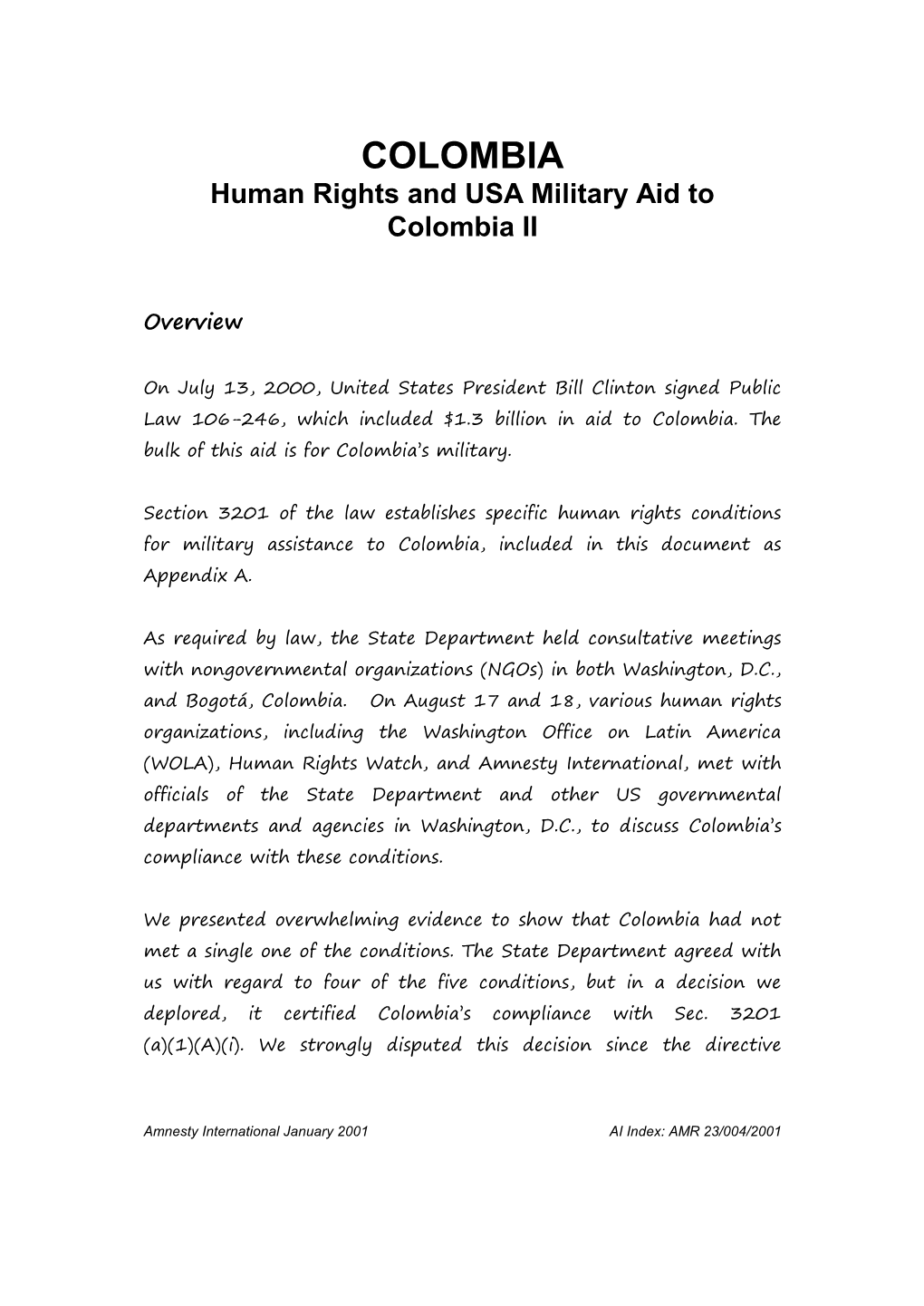 COLOMBIA Human Rights and USA Military Aid to Colombia II