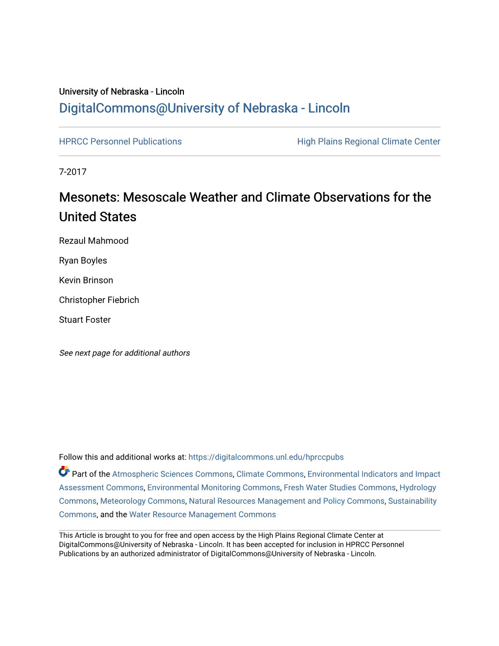 Mesonets: Mesoscale Weather and Climate Observations for the United States