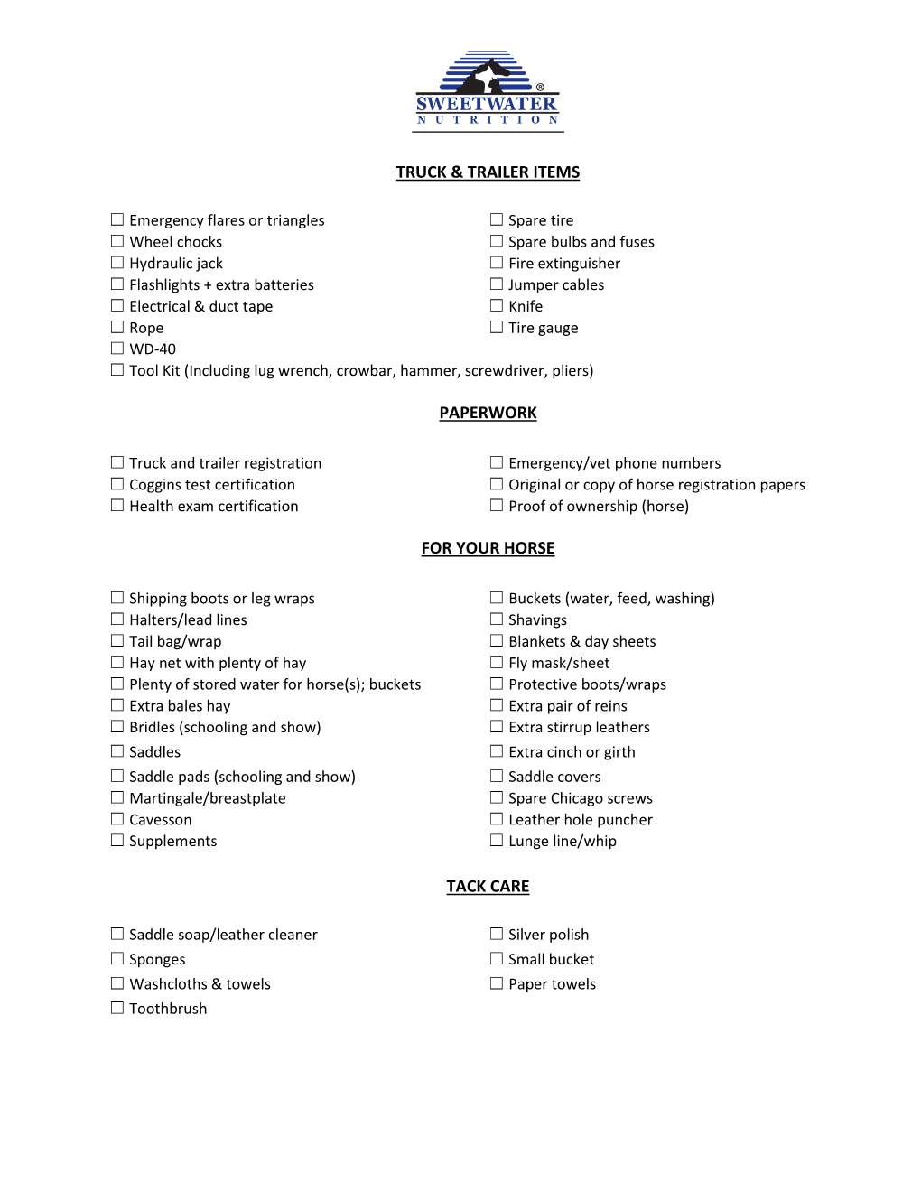 Truck & Trailer Items Paperwork for Your Horse